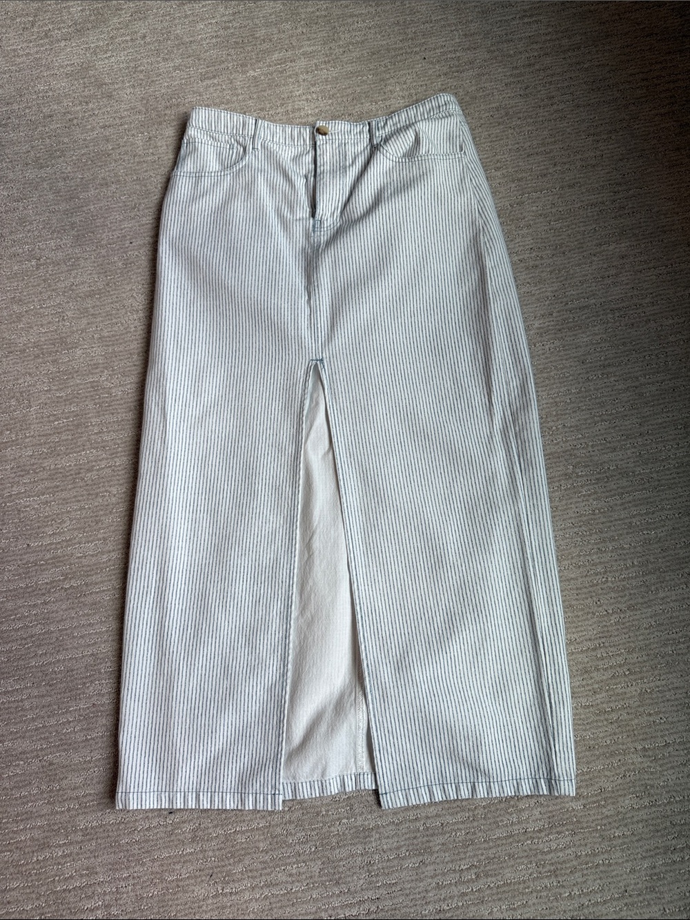 Zara Light Blue & White Pinstripe Maxi Skirt with Front Slit